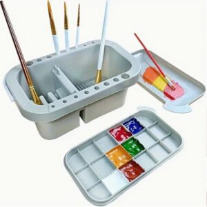 แปรงรูปสี่เหลี่ยมผืนผ้าพร้อมจานสีในฝา